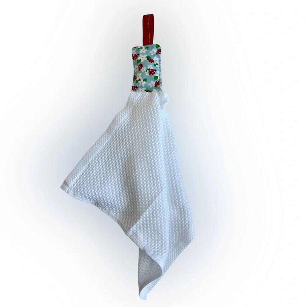 Hand Crafted Floral Ladybugs Red and White Hanging Kitchen Towel Cotton
